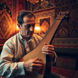 A musician skillfully playing a qanun, a traditional Turkish string instrument, with focused concentration