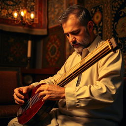 A musician skillfully playing a qanun, a traditional Turkish string instrument, with focused concentration