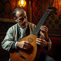 A musician skillfully playing a qanun, a traditional Turkish string instrument, with focused concentration