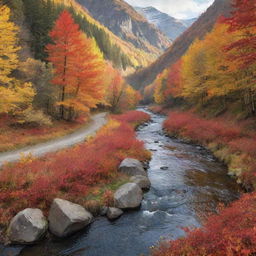 Generate an image of a peaceful, serene valley in the midst of peak autumn, with leaves of striking gold, red, and orange gently falling, and a small tranquil river running through it.