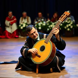 Kanun müzik aleti çalan bir adam, odaklanmış ve sanatsal bir şekilde sahnelenmiş