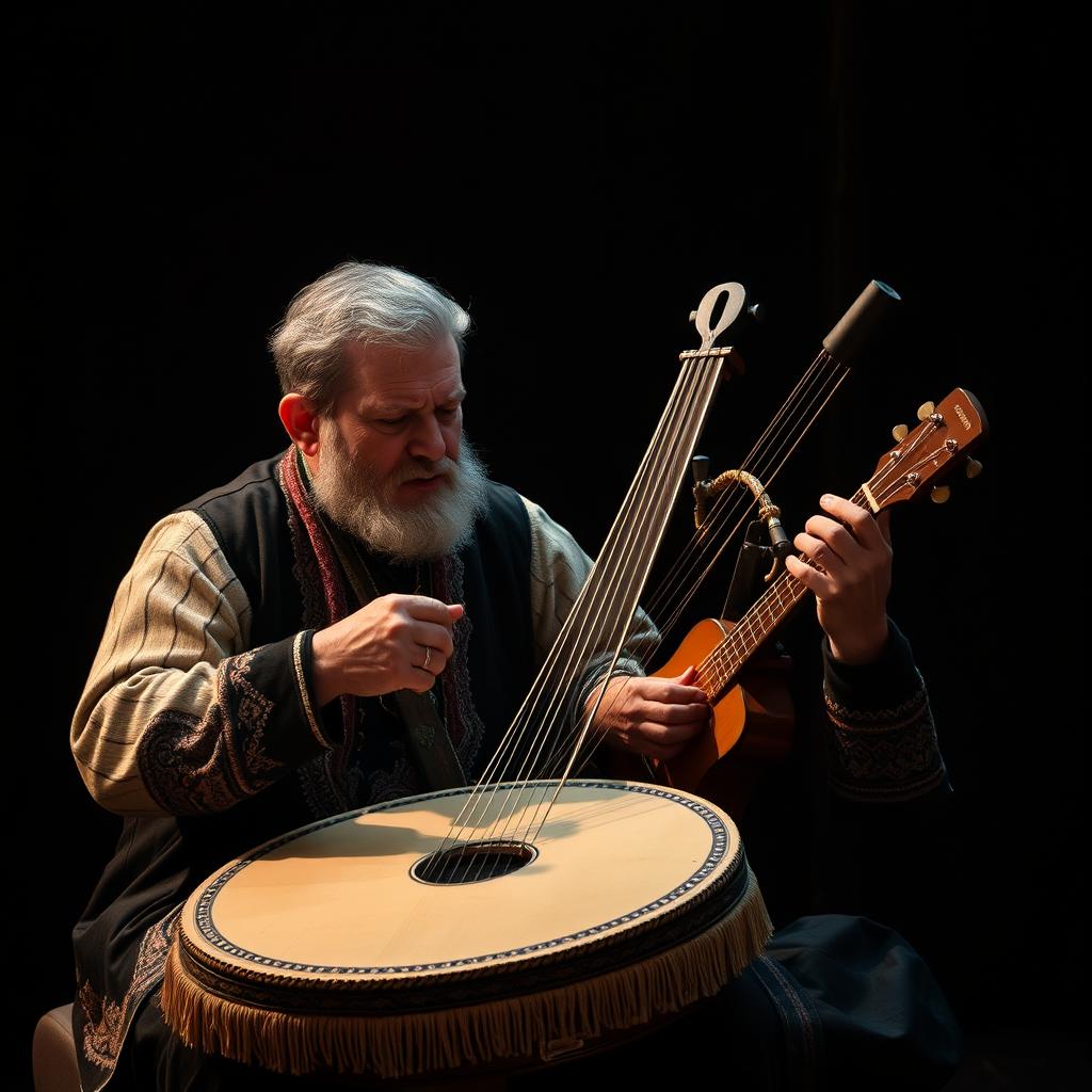 Kanun müzik aleti çalan bir adam, odaklanmış ve sanatsal bir şekilde sahnelenmiş