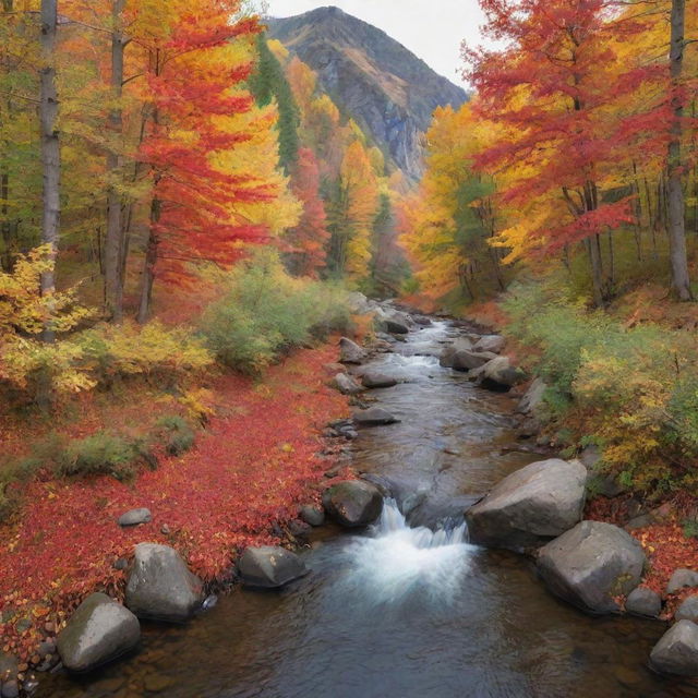 Generate an image of a peaceful, serene valley in the midst of peak autumn, with leaves of striking gold, red, and orange gently falling, and a small tranquil river running through it.