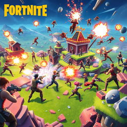 An intense and dynamic scene depicting a thrilling Fortnite Battle Royale match, capturing the excitement and adrenaline as players compete for victory