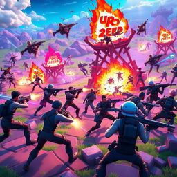 An intense and dynamic scene depicting a thrilling Fortnite Battle Royale match, capturing the excitement and adrenaline as players compete for victory