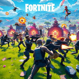 An intense and dynamic scene depicting a thrilling Fortnite Battle Royale match, capturing the excitement and adrenaline as players compete for victory