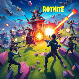 An intense and dynamic scene depicting a thrilling Fortnite Battle Royale match, capturing the excitement and adrenaline as players compete for victory