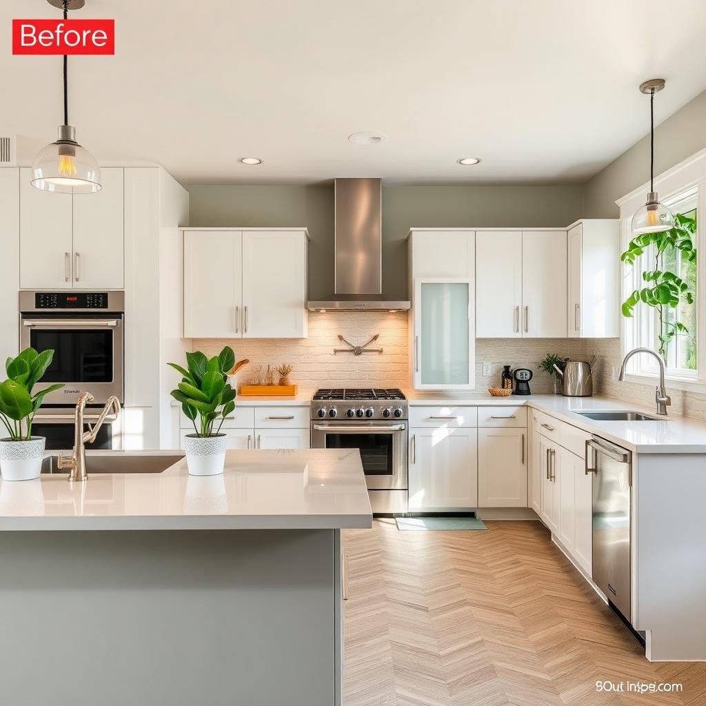 A kitchen with various changes including modern appliances, sleek countertops, fresh paint on the walls, stylish lighting fixtures, and an organized layout