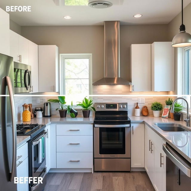 A kitchen with various changes including modern appliances, sleek countertops, fresh paint on the walls, stylish lighting fixtures, and an organized layout