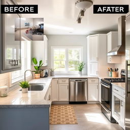 A kitchen with various changes including modern appliances, sleek countertops, fresh paint on the walls, stylish lighting fixtures, and an organized layout