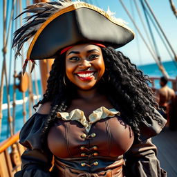 A cheerful, very curvy and busty Black woman dressed in a pirate costume, exuding happiness and a playful, flirtatious energy