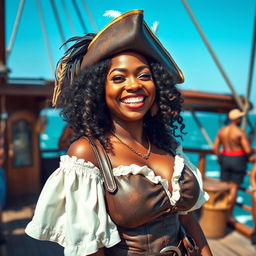 A cheerful, very curvy and busty Black woman dressed in a pirate costume, exuding happiness and a playful, flirtatious energy