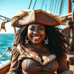 A cheerful, very curvy and busty Black woman dressed in a pirate costume, exuding happiness and a playful, flirtatious energy