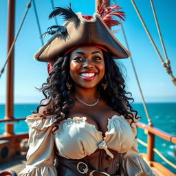 A cheerful, very curvy and busty Black woman dressed in a pirate costume, exuding happiness and a playful, flirtatious energy