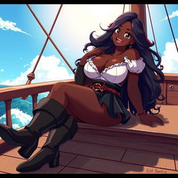 An anime-style depiction of a very curvy and busty Black woman in a playful and revealing pirate costume