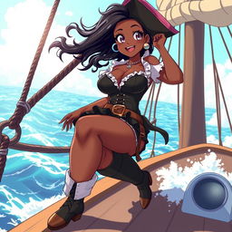 An anime-style depiction of a very curvy and busty Black woman in a playful and revealing pirate costume