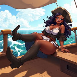 An anime-style depiction of a very curvy and busty Black woman in a playful and revealing pirate costume