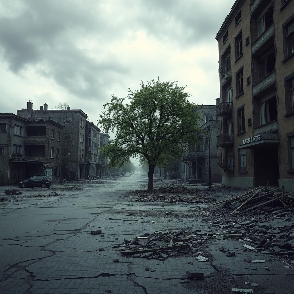 A somber and emotional scene depicting a dilapidated urban environment