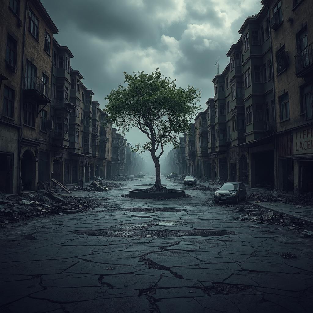 A somber and emotional scene depicting a dilapidated urban environment