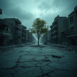 A somber and emotional scene depicting a dilapidated urban environment