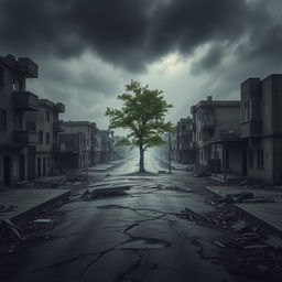 A somber and emotional scene depicting a dilapidated urban environment