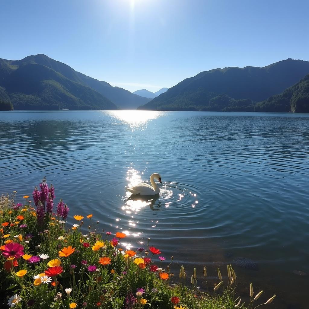 A serene landscape featuring a tranquil lake surrounded by lush, green mountains under a clear blue sky