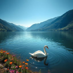 A serene landscape featuring a tranquil lake surrounded by lush, green mountains under a clear blue sky