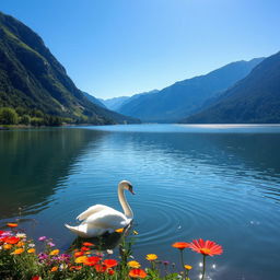 A serene landscape featuring a tranquil lake surrounded by lush, green mountains under a clear blue sky