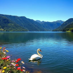 A serene landscape featuring a tranquil lake surrounded by lush, green mountains under a clear blue sky