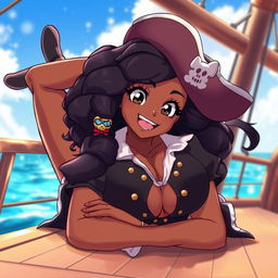 An anime-style illustration of a 19-year-old Black woman, very curvy and busty, in a playful pirate costume