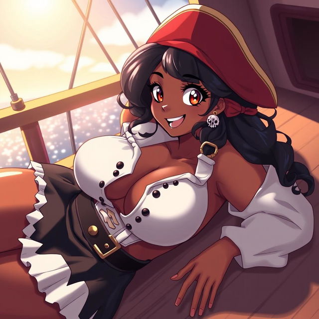 An anime-style illustration of a 19-year-old Black woman, very curvy and busty, in a playful pirate costume