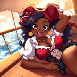 An anime-style illustration of a 19-year-old Black woman, very curvy and busty, in a playful pirate costume