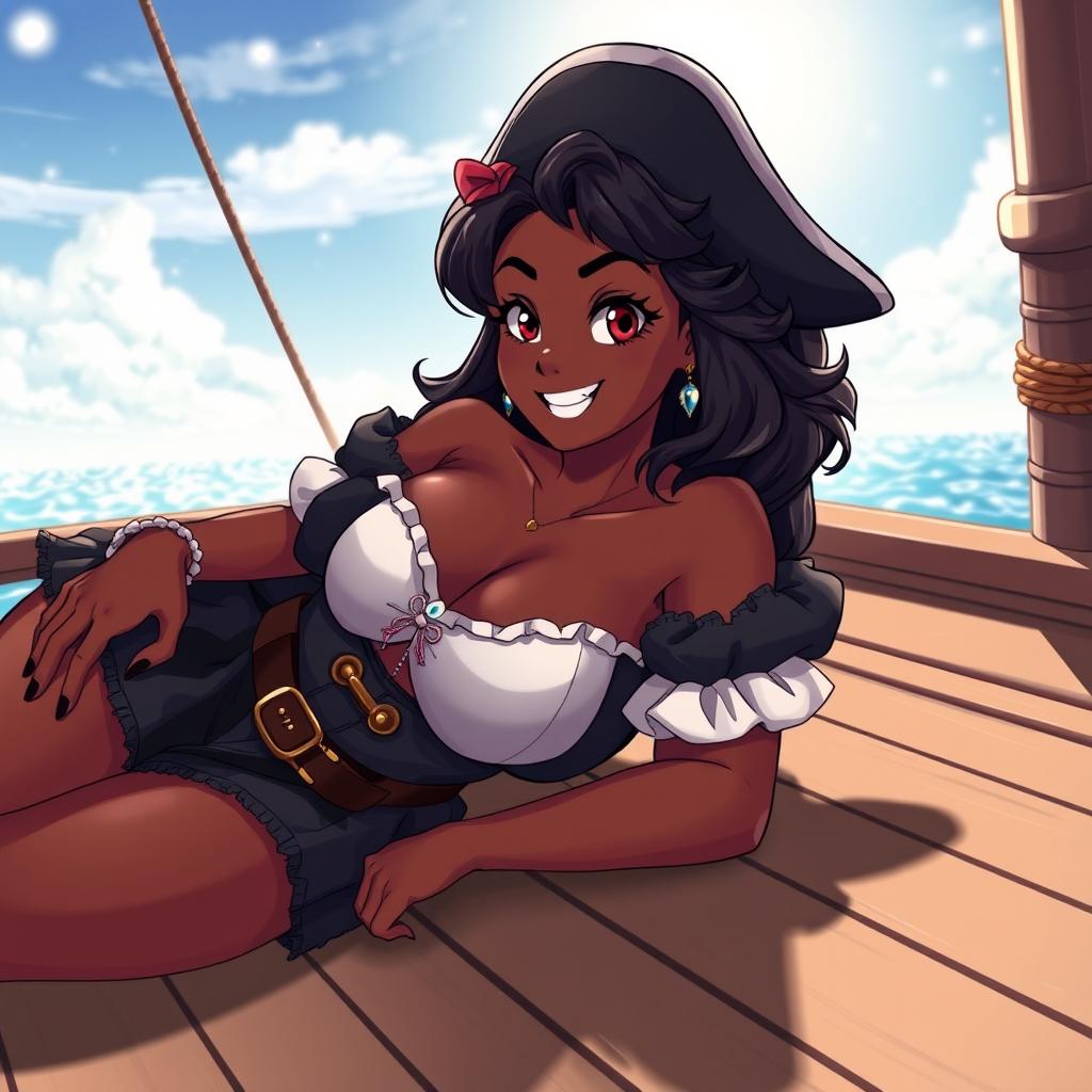 An anime-style illustration of a 19-year-old Black woman, very curvy and busty, in a playful pirate costume