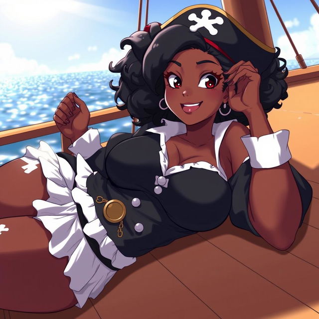 An anime-style illustration of a 19-year-old Black woman, very curvy and busty, in a playful pirate costume