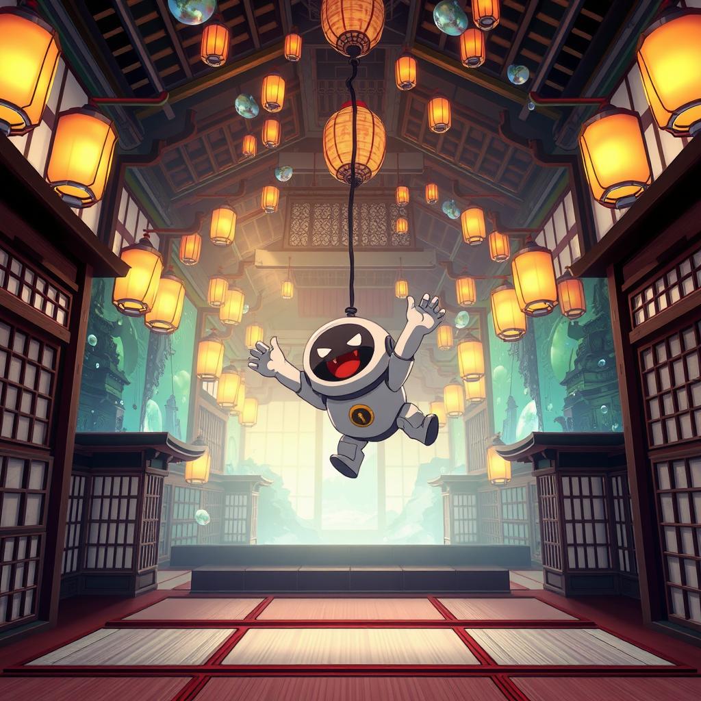 A charming scene features the adorable Bot character from Astro's Playroom, tumbling through the air into the mystical Infinity Castle from Demon Slayer