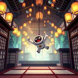 A charming scene features the adorable Bot character from Astro's Playroom, tumbling through the air into the mystical Infinity Castle from Demon Slayer