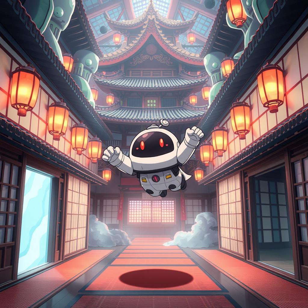 A charming scene features the adorable Bot character from Astro's Playroom, tumbling through the air into the mystical Infinity Castle from Demon Slayer