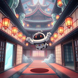 A charming scene features the adorable Bot character from Astro's Playroom, tumbling through the air into the mystical Infinity Castle from Demon Slayer