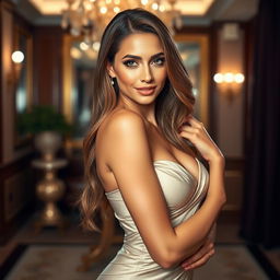 A glamorous and alluring woman with captivating eyes and a confident smile poses elegantly