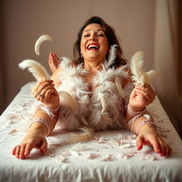 A woman with hands and feet tied, lying on a table, being tickled all over her body with feathers