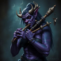 A female orc bard with striking purple skin, adorned with intricate tattoos and an array of piercings