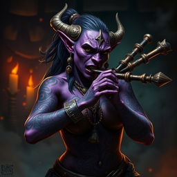 A female orc bard with striking purple skin, adorned with intricate tattoos and an array of piercings