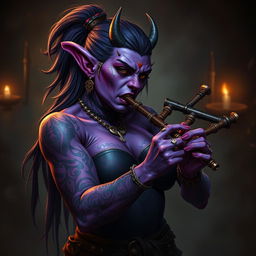 A female orc bard with striking purple skin, adorned with intricate tattoos and an array of piercings