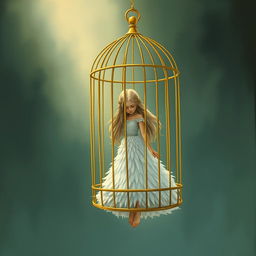 A book cover illustration depicting a sad princess with long blonde hair, trapped inside a golden birdcage suspended in the void