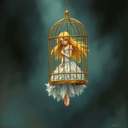 A book cover illustration depicting a sad princess with long blonde hair, trapped inside a golden birdcage suspended in the void