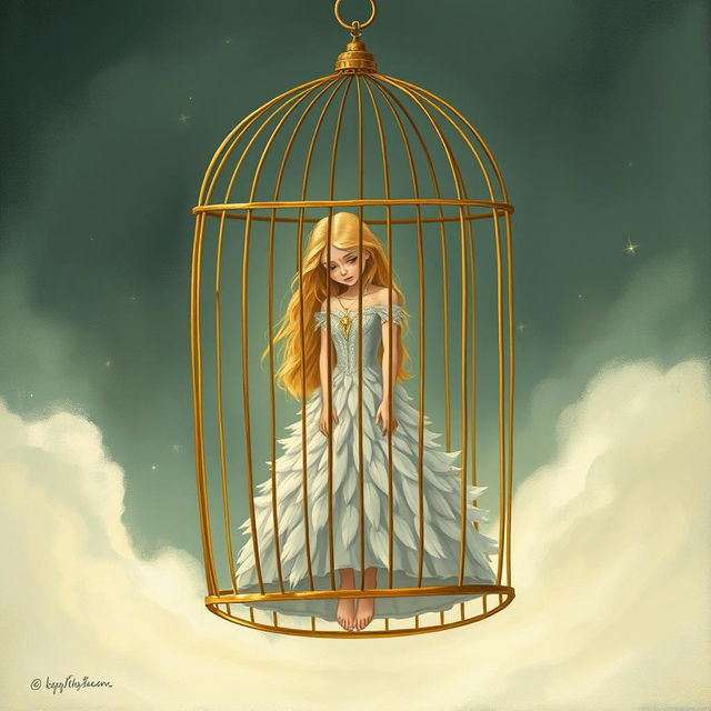 A book cover illustration depicting a sad princess with long blonde hair, trapped inside a golden birdcage suspended in the void