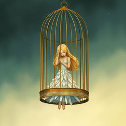 A book cover illustration depicting a sad princess with long blonde hair, trapped inside a golden birdcage suspended in the void