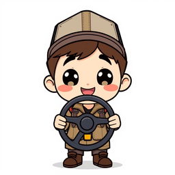 a transparent image of a cute truck driver in chibi style, featuring exaggeratedly large head and small body, bright expressive eyes, and a cheerful expression