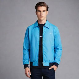 Take the previously created unique jacket design and color it in various shades of blue.