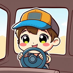 a transparent image of a cute truck driver in chibi style, featuring exaggeratedly large head and small body, bright expressive eyes, and a cheerful expression